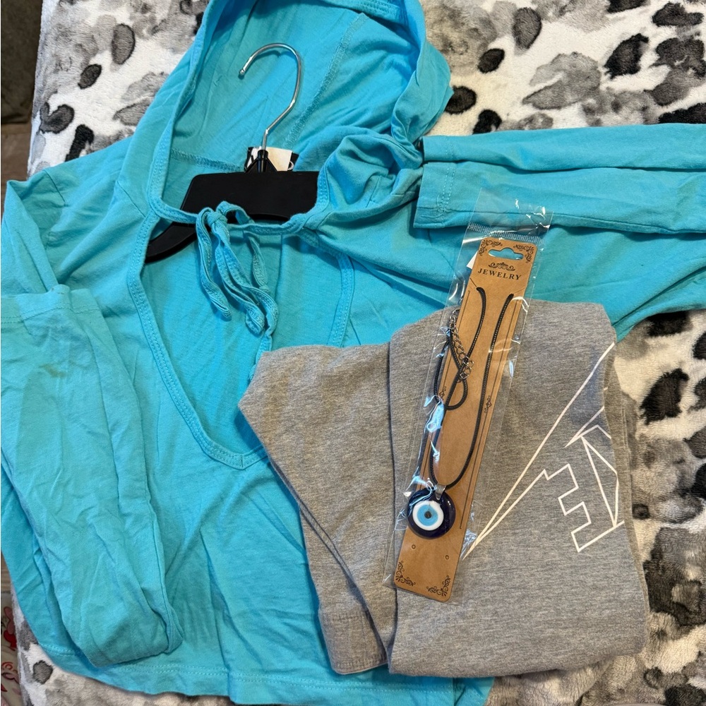 BUNDLEBlue Hoodie and Gray Sweatpants Set with Necklace